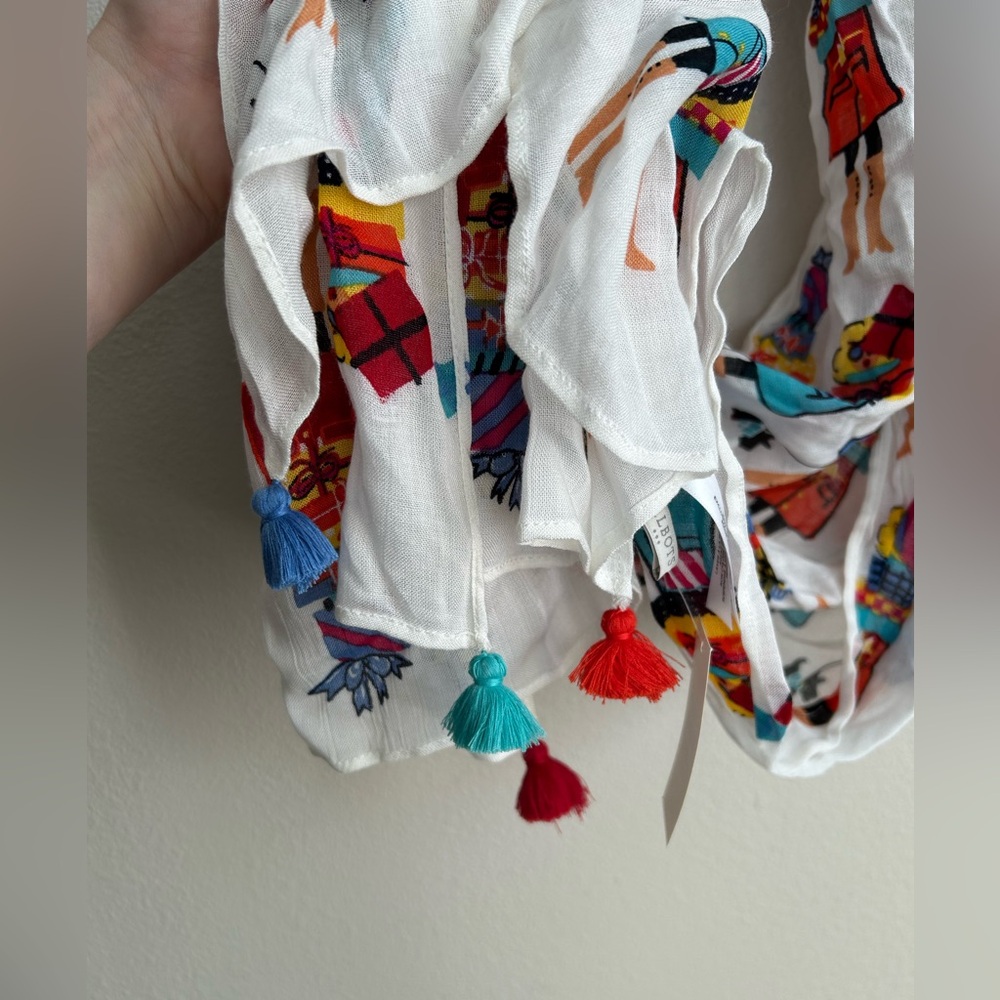 NWT Vintage Talbots Scarf Whimsical Shoppers Print With Tassels 100% Viscose - Picture 6 of 8